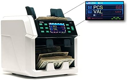 MixVal MV3 Máquina de contador de dinheiro misto | Grade Bank Premium Premium de 2 bolsos com detector de falsificação | Denominação mista, moeda e contagem de projetos de lei | Contador de dinheiro rápido e preciso | Tela e impressora do cliente