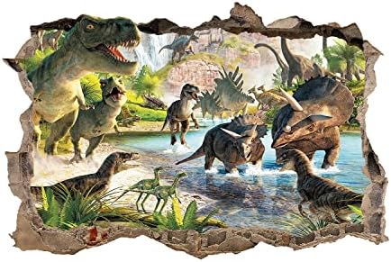 3D Removable Break através dos dinossauros de parede Adesivos mundiais de parede de vinil para meninos Dinosaur de garotos