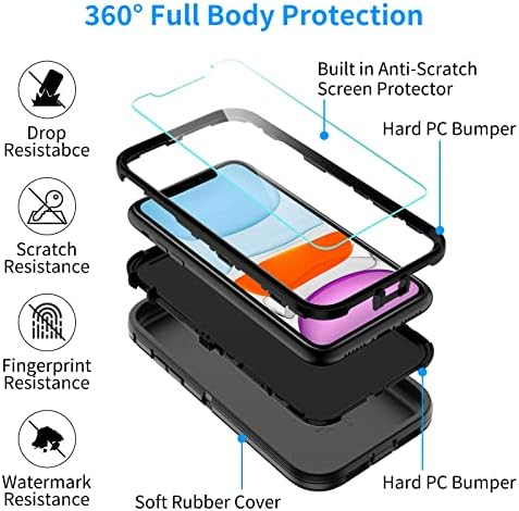 Para o iPhone 11, com 2 protetor de tela, proteção contra queda de corpo inteiro para uso pesado, à prova de choque/gota/poeira,