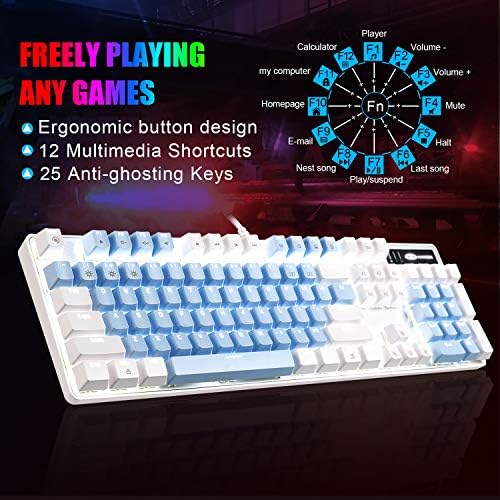 Magegee Mechanical Gaming Keyboard, New Atualizado Blue Switch 104 Teclados brancos Teclados de retroilumos de iluminação,
