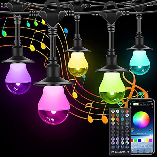 Luzes de cordas externas Alteração da cor: 49 pés 16 ledisl lâmpadas lâmpadas pátio Luzes inteligentes multicolor com sincronização musical, App Bluetooth Remote Remote