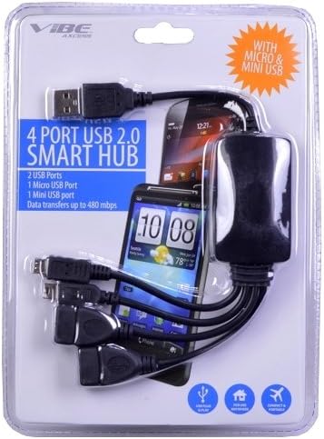 Vibe 4 Port 2.0 USB Smart Hub 480Mbps Transferência de dados com Mini & Micro USB - Black