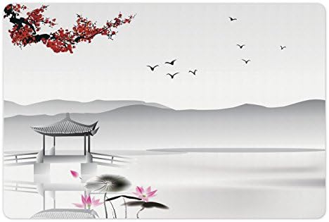 Lunarable asiático tapete de estimação para comida e água, pássaro de jardim de estilo japonês e pequeno pavilhão sobre o lago Lotus Waterlily, retângulo de borracha sem deslizamento para cães e gatos, vermelho rosa cinza