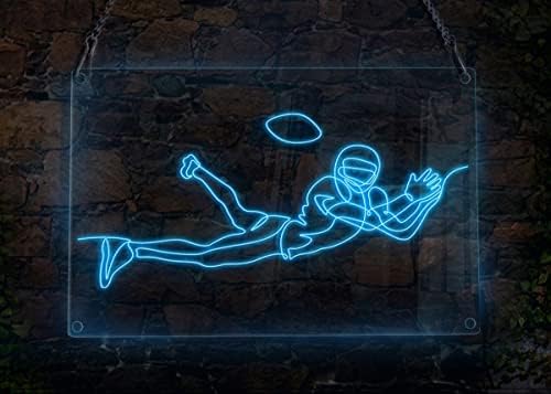 Jogador de futebol americano salta para capturar signo de neon de bola, tema esportivo de esporte