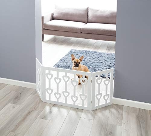 Zoogamo 3 Painel White Wooden Hearts Design Pet Gate - Freesternding Tri dobrive Durable Wooden Dog Fence - Barreira
