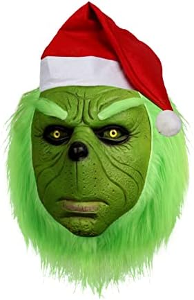 Máscara de monstro verde de demi tubarão, máscara de monstro verde de Natal com chapéu de Papai Noel, cara de látex de látex engraçado para casos de cosplay adereços de festa