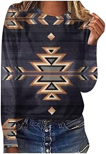 Camisas ocidentais femininas cairam aztec de manga longa Tops nativos americanos roupas étnicas casuais pullover de