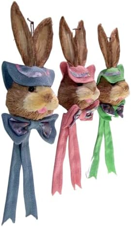 Burton & Burton Adorável coelho cabeças com chapéus e arcos de estopa, decoração pendurada na parede, decoração festiva de Páscoa, conjunto de 3 cores variadas, 25 polegadas azul, verde, rosa, marrom, branco 8l*3,5w*25h polegadas