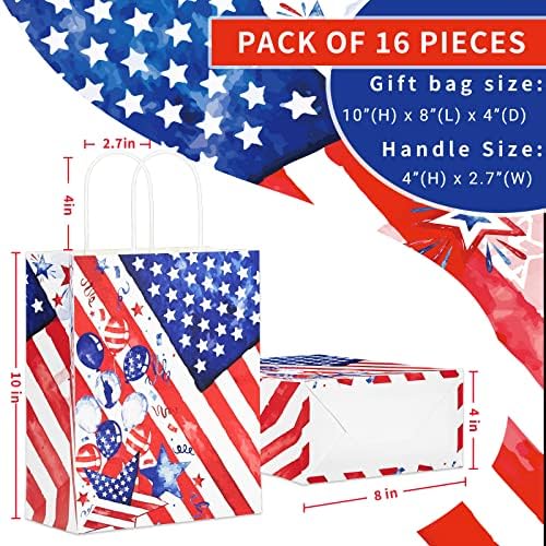 Sacos de presente patrióticos Ecohola com alças, 16 peças Pacote de sacolas de favor da bandeira americana para o dia do