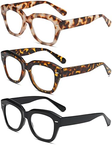 Hubeye 3 pacote de óculos de leitura de grandes dimensões para mulheres Blue Blocking Readers Computer Leitores de moda fofa femininas Óculos com copos de pano de óculos +1.5