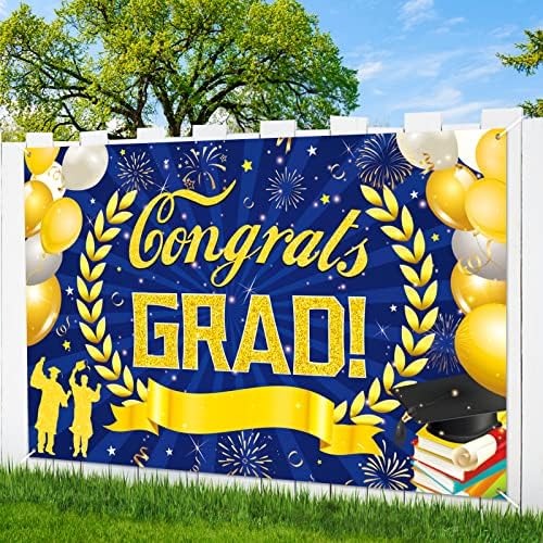 Decorações de festa de graduação azul da Marinha Decorações de Blue Gold Parabéns Classe de faixas de graduação de 2023 Banner