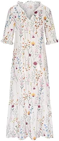 Vestido floral boho feminino casual manga curta v vestido de pescoço longa 2023 Vestidos maxi estampados de verão impresso