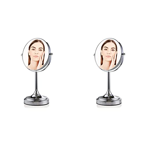 Ovente 7 de maquiagem de comprimido com suporte, lupa 1x e 7x, espelho de vaidade redonda de dupla face ajustável, ideal para