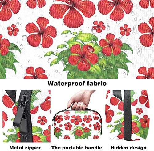 Flores de hibiscus vermelhas Folhas verdes Bolsa cosmética para mulheres bolsa de moda fofa bolsa de maquiagem à prova d'água Bolsa de beleza de viagem de viagem, presentes para meninas