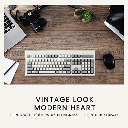 Perixx Periboard-106m, teclado USB de desempenho completo, teclas ergonômicas curvas, cor cinza retro/branco clássico, layout