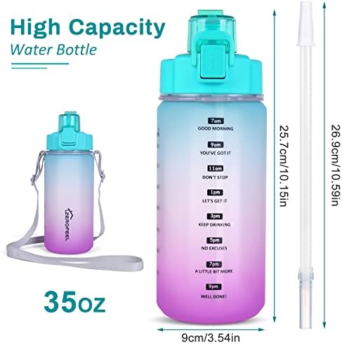 Garrafas de água Zerofeel com horários para beber, 35 oz de grande ginástica garrafa de água motivacional com marcador