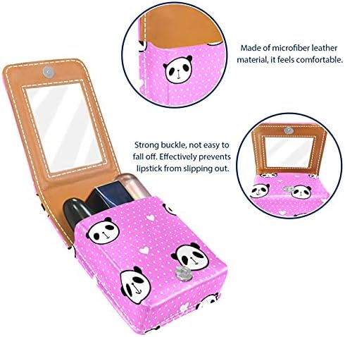 Caixa de batom mini mini com espelho para bolsa, fofo panda face coração rosa couro cosmético saco de maquiagem, segura