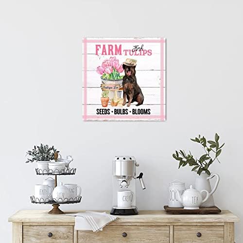 Evans1nism farm de flores frescas mercado de madeira sinais de madeira rosa tulipas beagle cão de madeira placa cristã de casa decoração de parede vintage signo suspenso para o quarto casa de lavanderia de cozinha decoração de lavanderia 16x16in