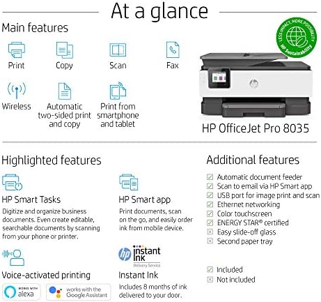 HP OfficeJet Pro 8035 Impressora sem fio All -in -One - Inclui 8 meses de tinta, HP Instant Ink, trabalha com Alexa - Basalt