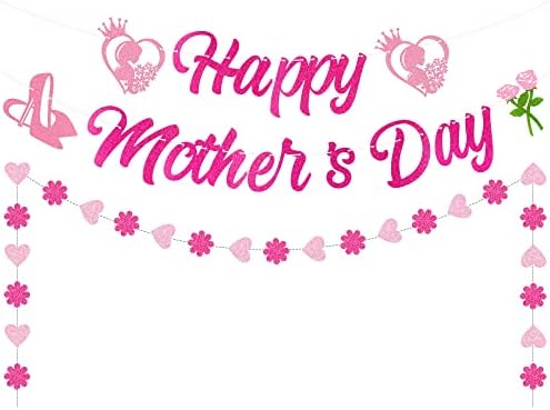 Feliz Dia das Mães Decorações - decoração do dia das mães, decorações de festas para o dia das mães para casa, decoração de guirlanda de banner de coração, cenário da faixa do dia das mães, decoração do sinal do dia da mãe, rosa
