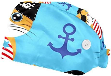 2 pacotes pirata ship âncora gato azul touca de trabalho com botões Bandada de moletom Ajusta amarra para trás chapéus bouffant
