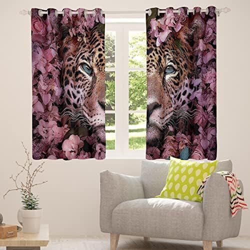 Cortinas de leopardo e cortinas Cheetah Imprimir Cortinas de flores rosa para crianças meninos adolescentes, romântico Boho Floral