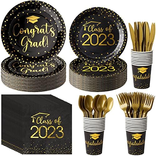 Placas de graduação em preto e dourado conjuntos de guardanapos, classe descartável de 2023, conjunto de jantares de papel