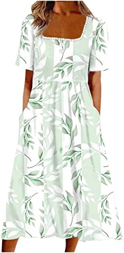 Vestido midi de pescoço de verão feminino sem mangas boho folhas folhas de folha de folhas de moda de moda de moda flowy soly fit casual