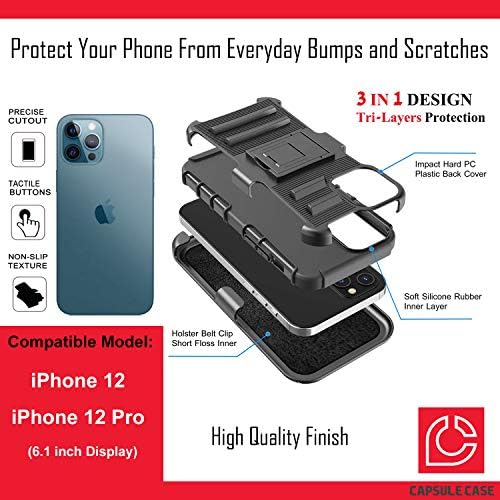 Ohiya Case Compatível com o iPhone 12 Pro [Proteção militar Proteção à prova de choque de choque para o coldre de kickstand protetor Tampa de caixa preta] para iPhone 12 Display de 6,1 polegadas