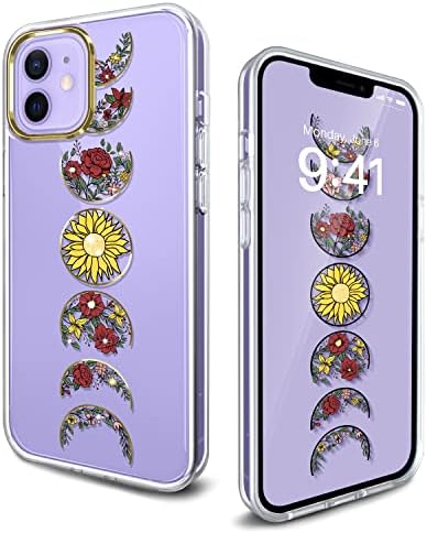 CAOUME Flor projetada para iPhone 12/12 Pro Case Glitter Floral Clear Women Phone Case à prova de choque protetor
