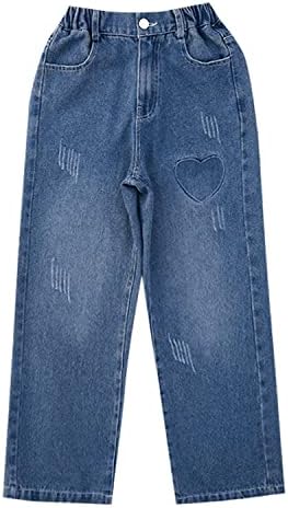 Yayabroe Kids Girls Ripped Jeans Lavou cintura elástica de perna larga calças folgadas tamanho 5-14 anos