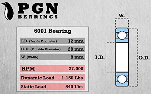 Rolamento PGN 6001-2RS - Rolamento de esferas selado com aço cromado lubrificado - rolamentos de 12x28x8mm com vedação de borracha
