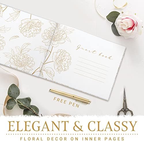 Livro de convidados de casamento carimbado de ouro, livro de convidados de casamento com caneta, livro de convidados florais