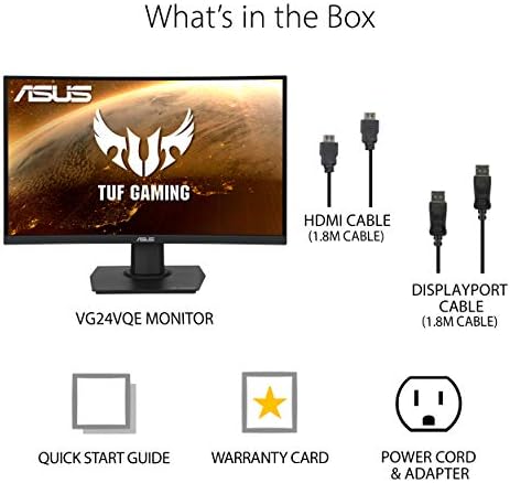 ASUS TUF Gaming VG24VQE Monitor Curved 23,6 ”, 1080p Full HD, 165Hz, 1ms, Blur de movimento baixo extremo, FreeSync Premium, Shadow Boost, Eye Care, DisplayPort HDMI