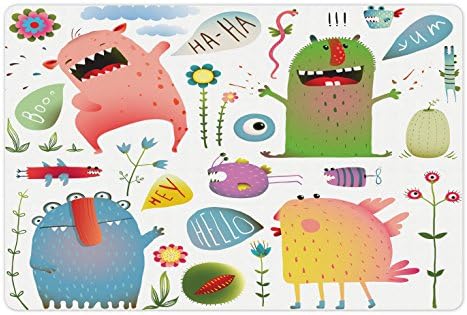 Ambesonne Funny Pet tapete para comida e água, criaturas imaginárias divertidas coloridas rindo monstros infantis com flores de