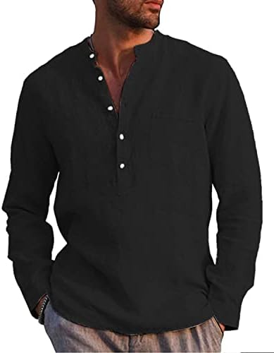 Wurmenin masculino de linho masculino Henley camisas de manga longa de algodão casual colar de botão de algodão básico