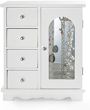Caixa de jóias brancas da ZGZD Caixa de jóias de madeira e acessórios Organizador Garotas Anel com 4 gavetas e porta de balanço