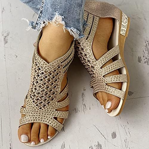 Sandálias de verão Hamovessi para mulheres Rhinestone Hollow Boca de chinelos femininos Back Zipper Sandálias planas