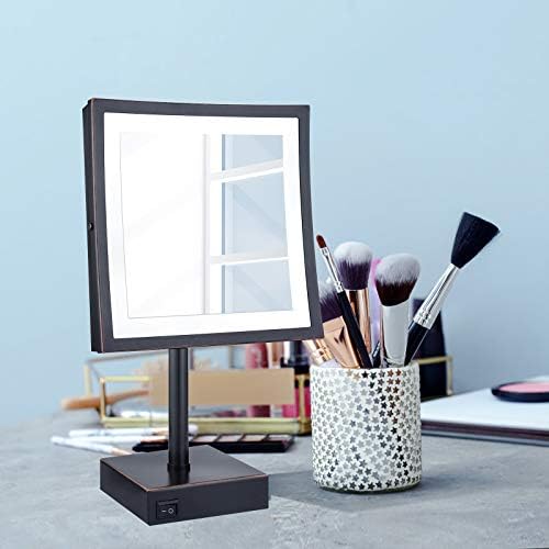 Dowry Combattop LED iluminado 5x Maging Square Makeup Mirror com plugue, 8 polegadas, óleo polido Bronze acabado