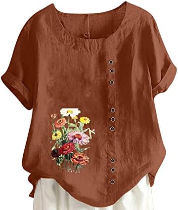 Camiseta superior para feminino de manga curta de linho de linho de linho de algodão Button Floral Button para cima