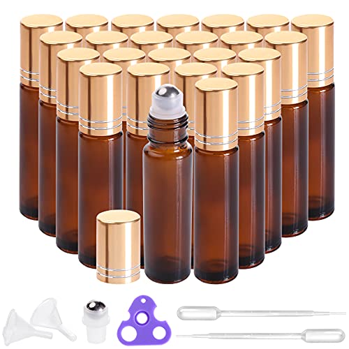 Garrafas de rolos prettycare para óleos 10 ml (vidro âmbar, 24 pacote, 4 bolas de aço inoxidável extras, 48 ​​rótulos,