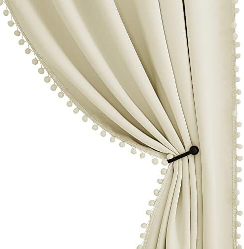 Stangh cortinas de blecaute bege naturais para porta deslizante, cortinas de janela pom pom painéis térmicos resistentes a frio