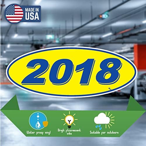Versa Tags 2018 2019 e 2020 Modelo oval Ano de carros Adesivos de janela de carros com orgulho feitos nos EUA Versa oval modelo de pára -brisa Ano é amarelo e azul em cores vêm doze por ano
