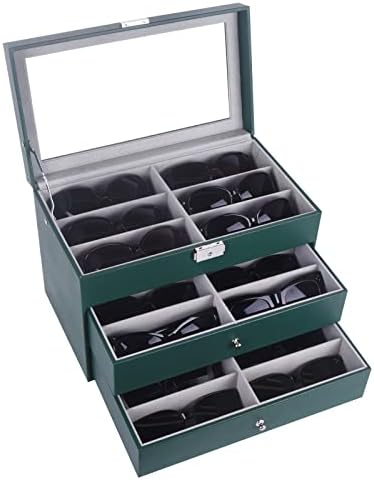 Autoark Leather 18 peças Óculos de armazenamento e óculos de sol Display Display Lockable Case Organizer, verde, AW-154