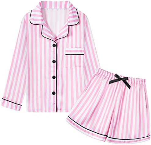 Conjunto de pijamas de cetim de meninas e mulheres umeyda, manga longa e sedosa Down Down Sleepwear Loungewear para crianças