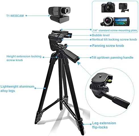 NUNET 1080P Webcam USB w. Microfone e Stand para streaming de câmera PC compatível w. Windows Android & Mac 18-60 Tripé W. Pan Head Handle for Live Video Calling Conference Zoom