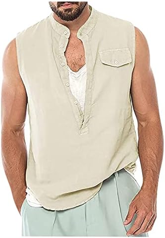 Colete de linho de algodão masculino, treino sem mangas de decote em V blusa de camisa casual de botão de camisa leve para homens