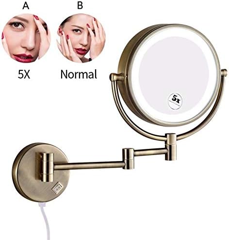 Espelhos de maquiagem do banheiro larro, vaidade de parede de parede de dupla face de bronze para lutar com barbear dobramento com plugue de interruptor