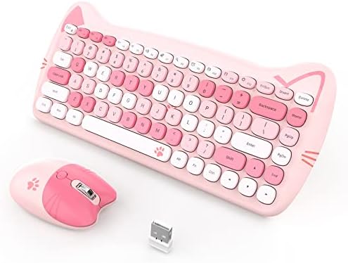 GEEZER Pink teclado e mouse sem fio, fofo colorido colorido 68 keycaps redondos teclados de escrever retrô para computador, PC, desktop, laptop, mac