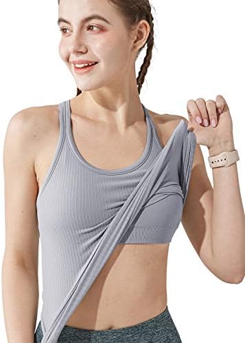 Tampa de tanque de Yoga Racerback para mulheres com sutiã embutido, treino de fitness de sutiã esportivo acolchoado feminino, camisas de corrida